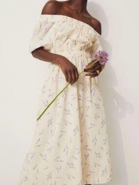 H&M Wildflower Collection Cream Off-Shoulder Dress with Lavender Sprig Print